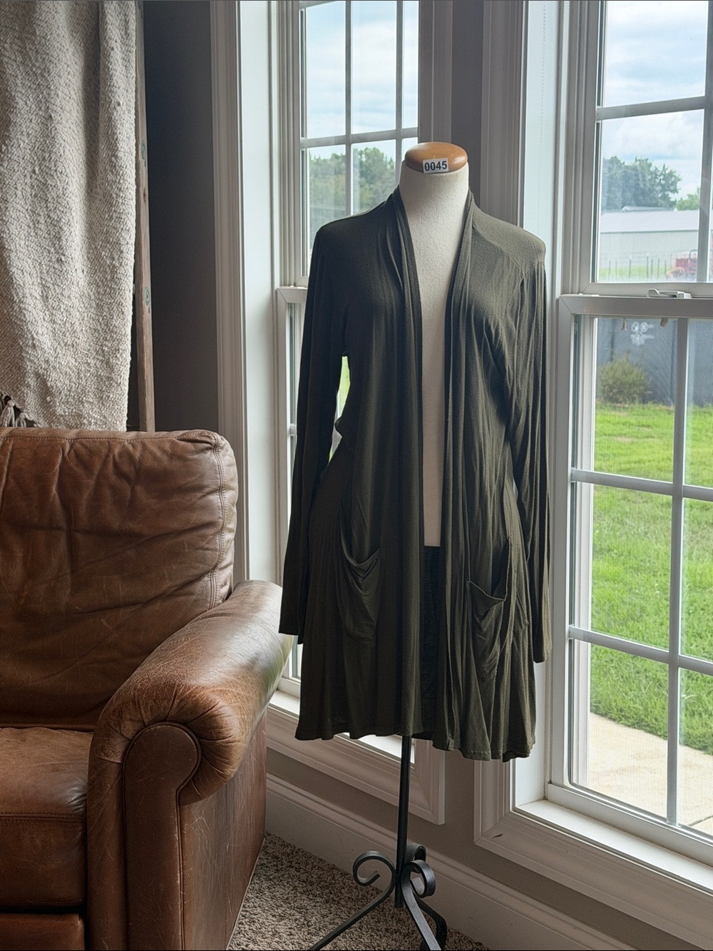 Open Front Olive Green Cardigan with Pockets